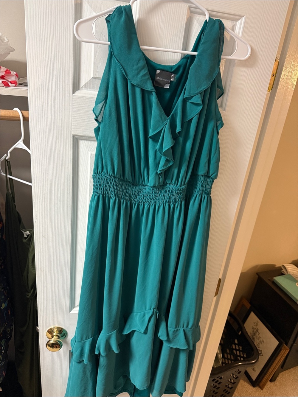 Maison Tara Teal Ruffled Sleeveless Midi Dress